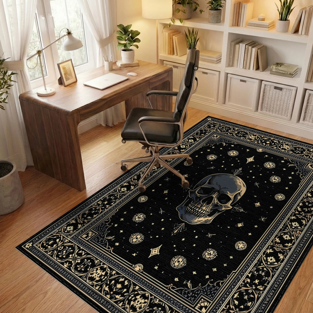 Ornate Black Gold Skull Stars Rug - Office View
