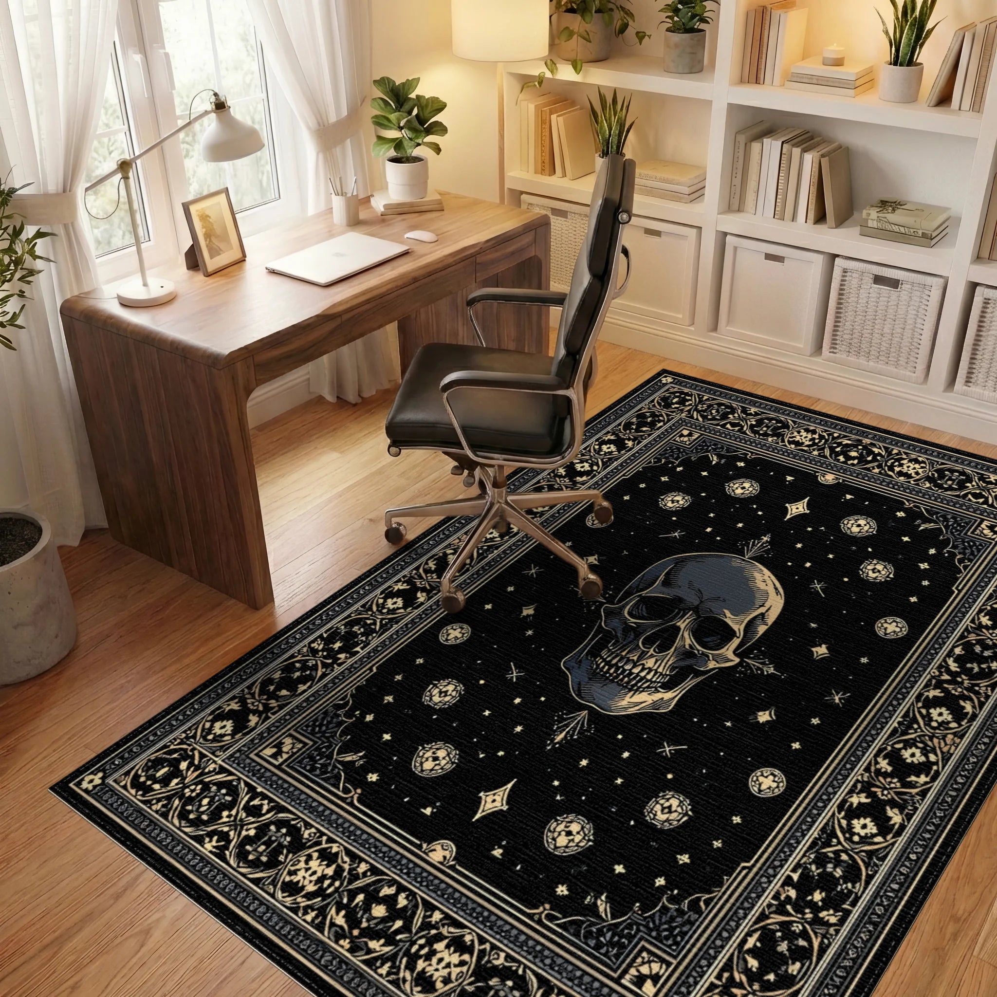 Ornate Black Gold Skull Stars Rug - Office View