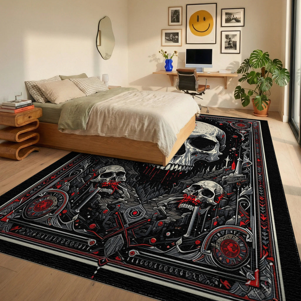 Ornate Black Red Skull Gothic Rug - Bedroom View