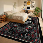 Ornate Black Red Skull Gothic Rug - Bedroom View