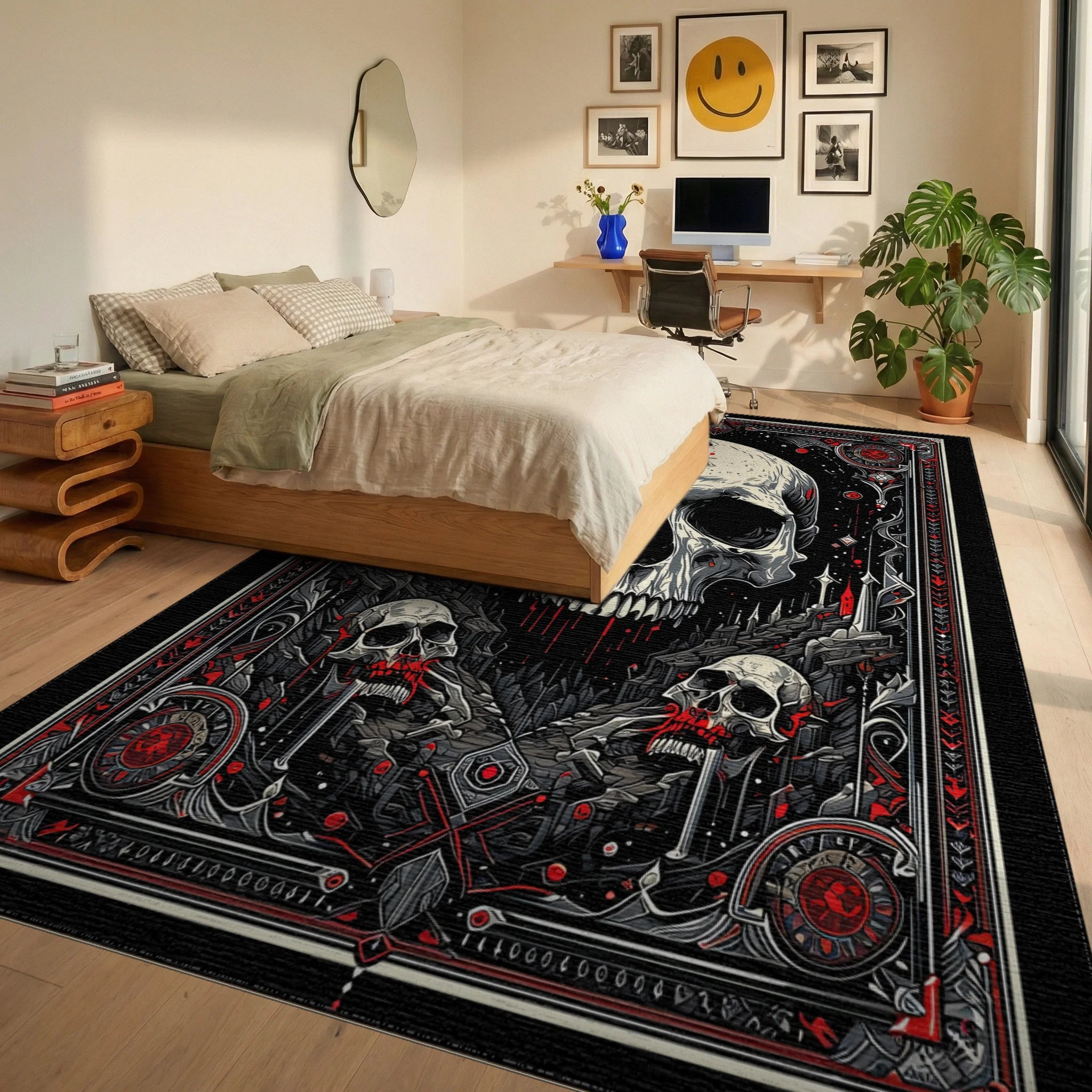 Ornate Black Red Skull Gothic Rug - Bedroom View