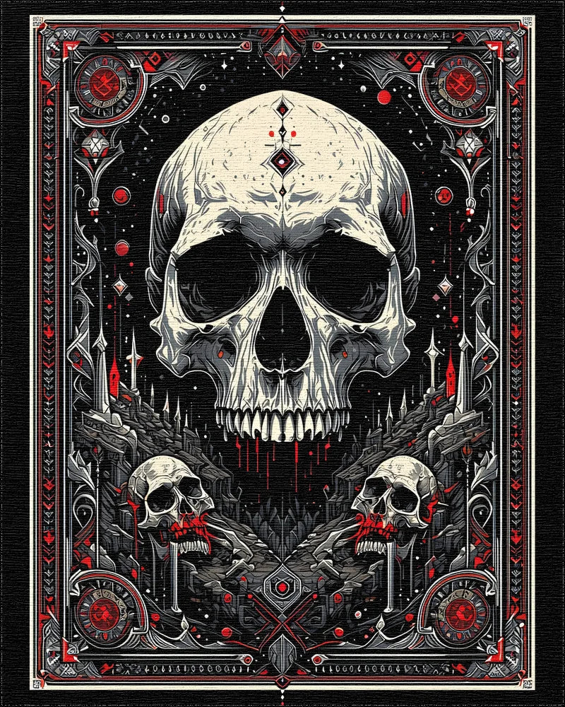 Ornate Black Red Skull Gothic Rug - Cutout View