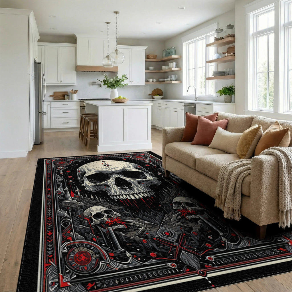 Ornate Black Red Skull Gothic Rug - Living Room View