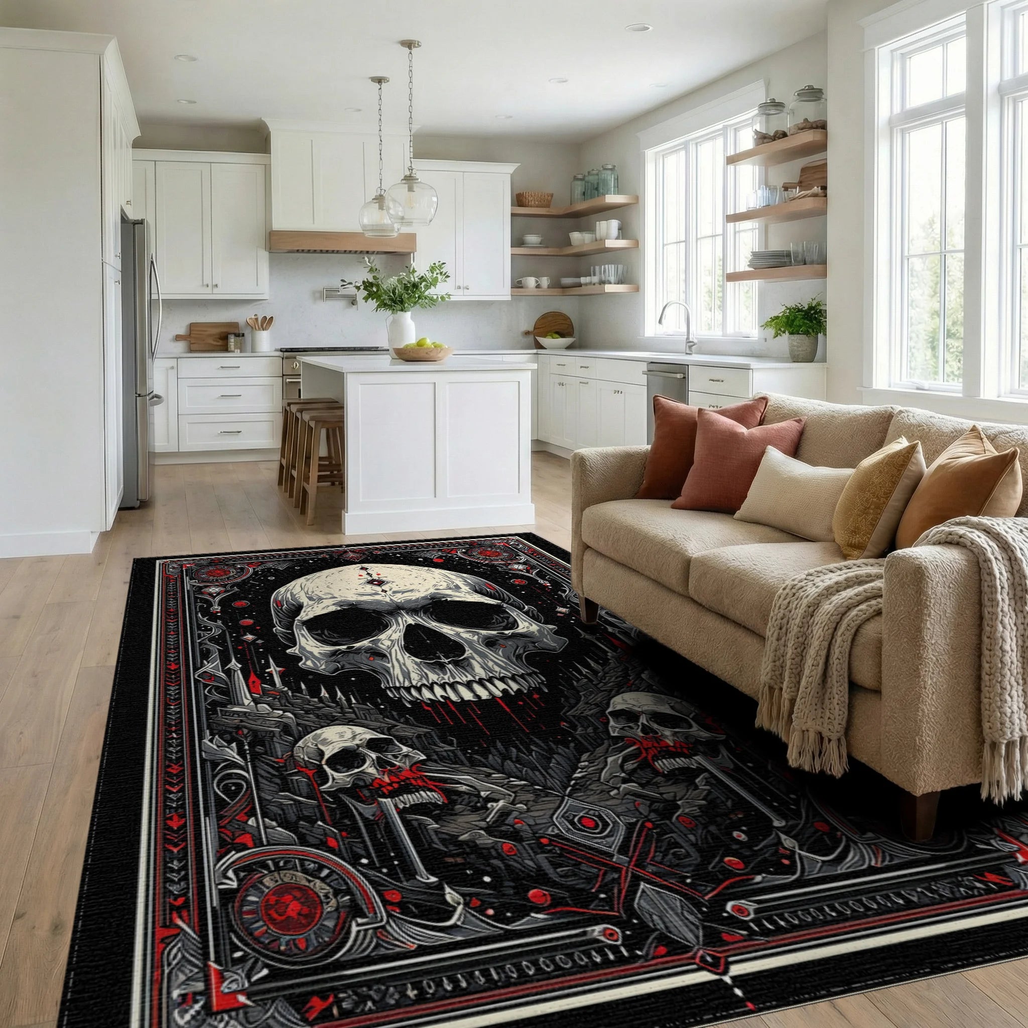 Ornate Black Red Skull Gothic Rug - Living Room View
