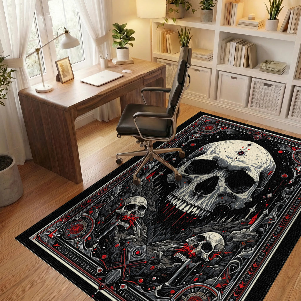 Ornate Black Red Skull Gothic Rug - Office View