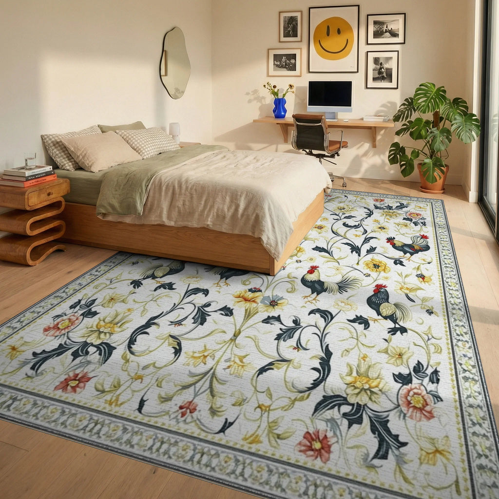 Ornate Black Roosters Floral Rug - Bedroom View