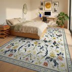 Ornate Black Roosters Floral Rug - Bedroom View