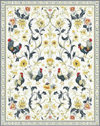 Ornate Black Roosters Floral Rug - Cutout View