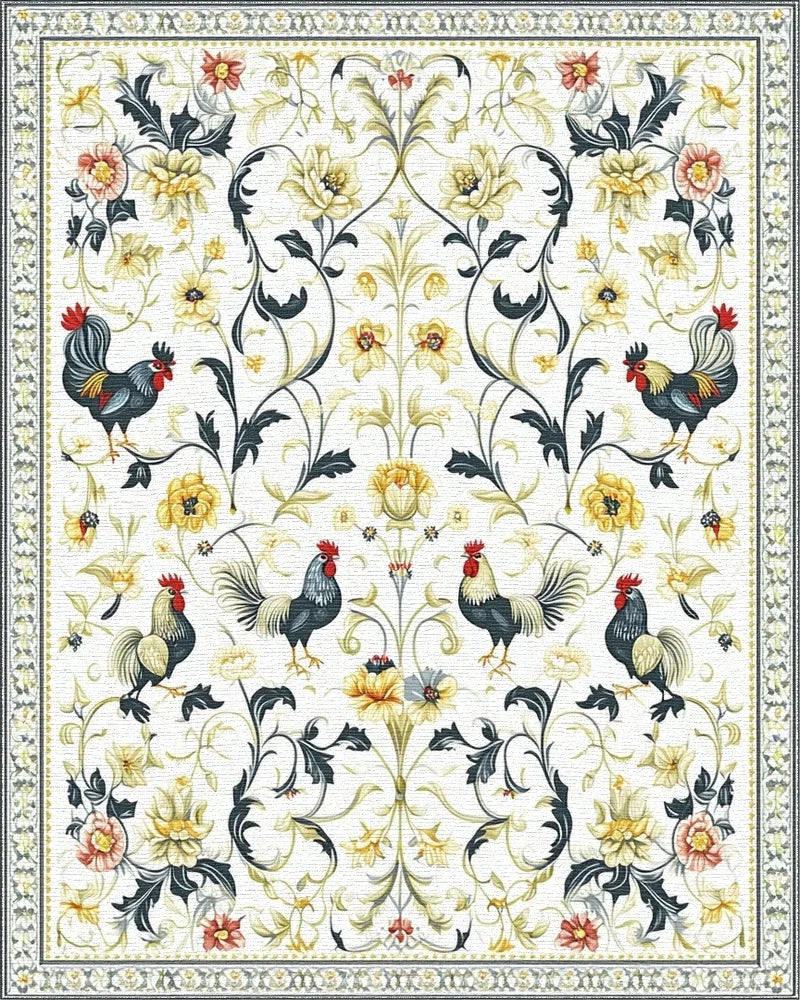 Ornate Black Roosters Floral Rug - Cutout View