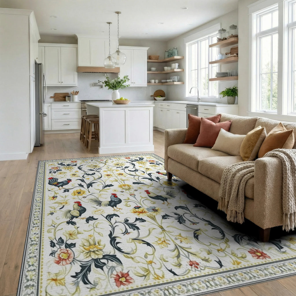 Ornate Black Roosters Floral Rug - Living Room View
