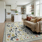 Ornate Black Roosters Floral Rug - Living Room View
