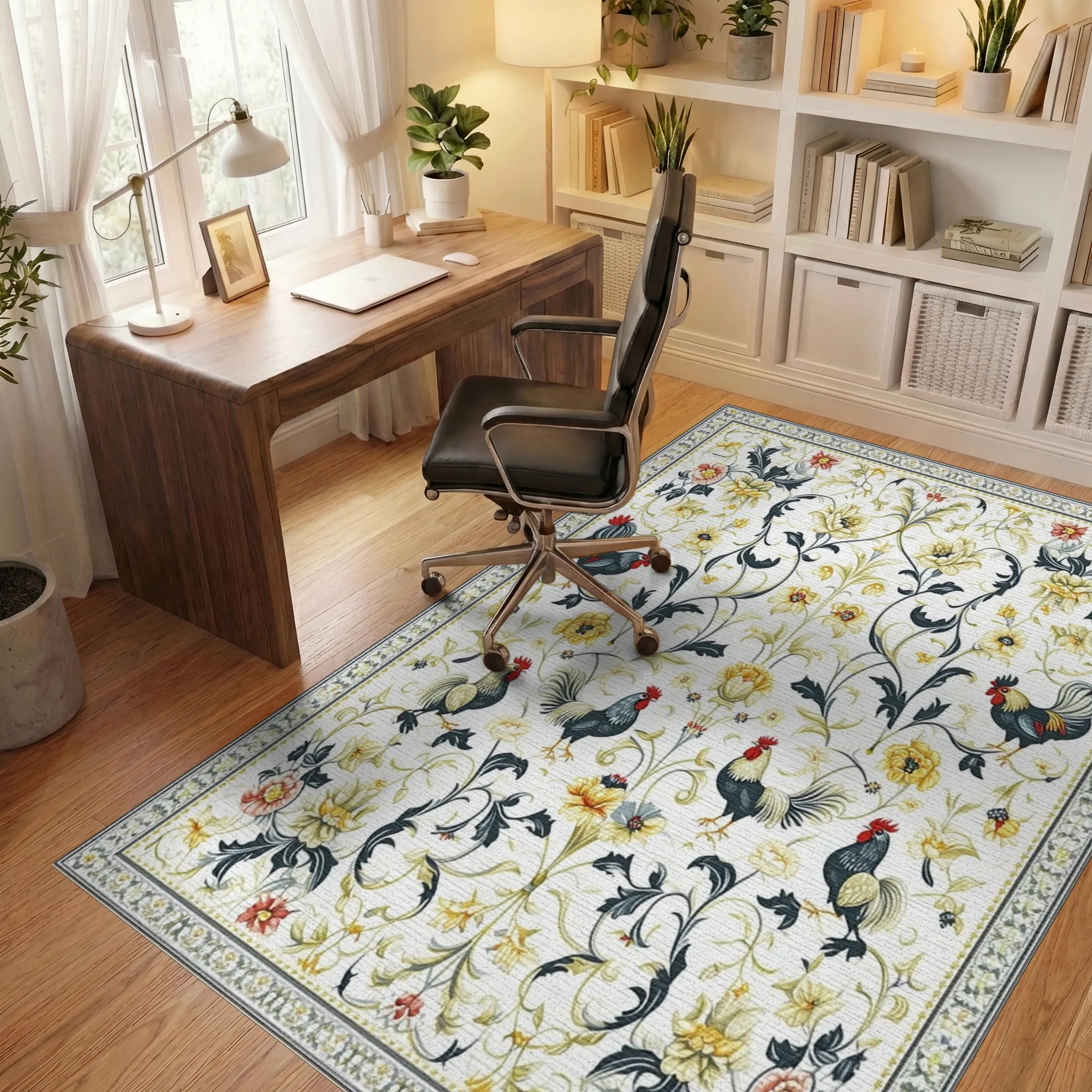Ornate Black Roosters Floral Rug - Office View
