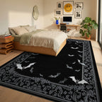 Ornate Black White Bats Rug - Bedroom View
