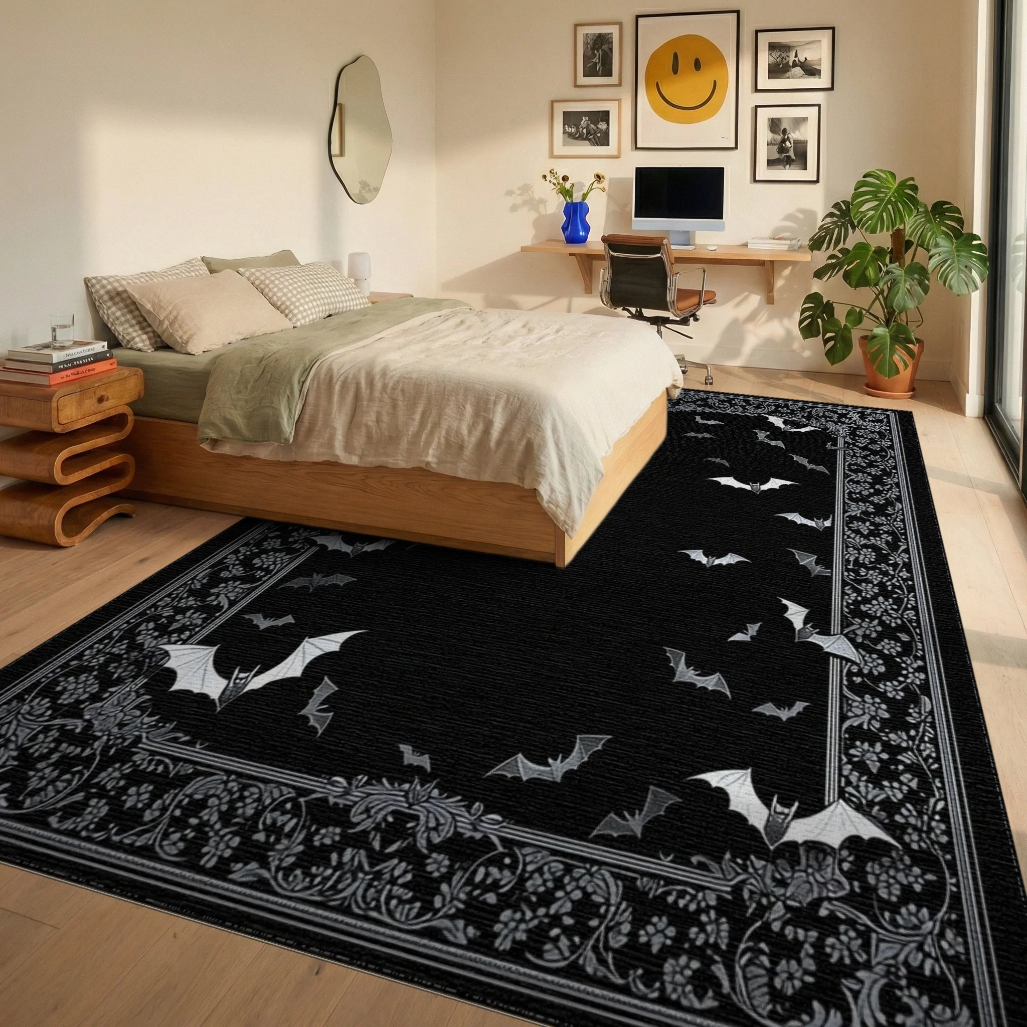 Ornate Black White Bats Rug - Bedroom View