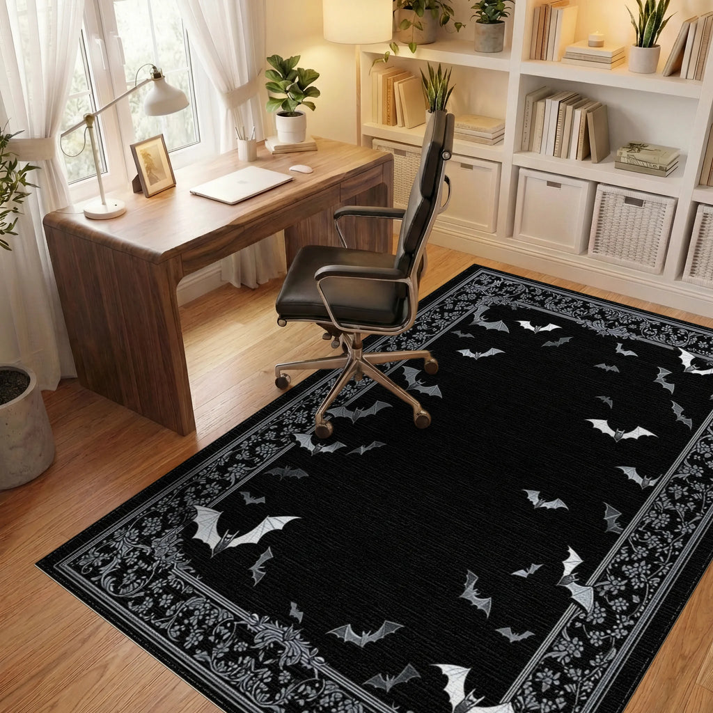 Ornate Black White Bats Rug - Office View