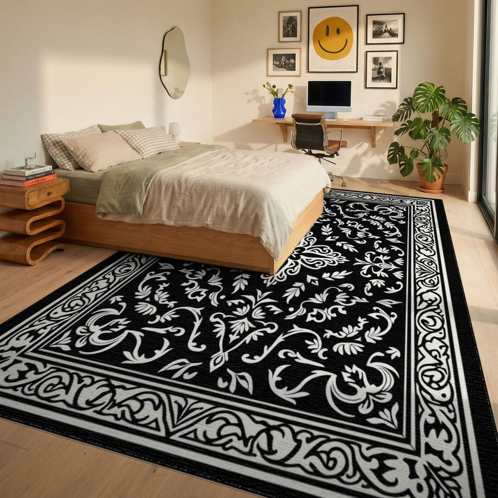Ornate Black White Floral Pattern Rug Bedroom View