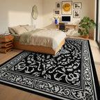 Ornate Black White Floral Pattern Rug Bedroom View