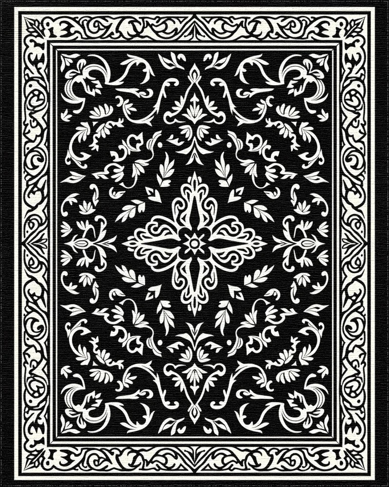 Ornate Black White Floral Pattern Rug - Cutout View