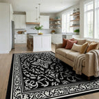 Ornate Black White Floral Pattern Rug Living Room View