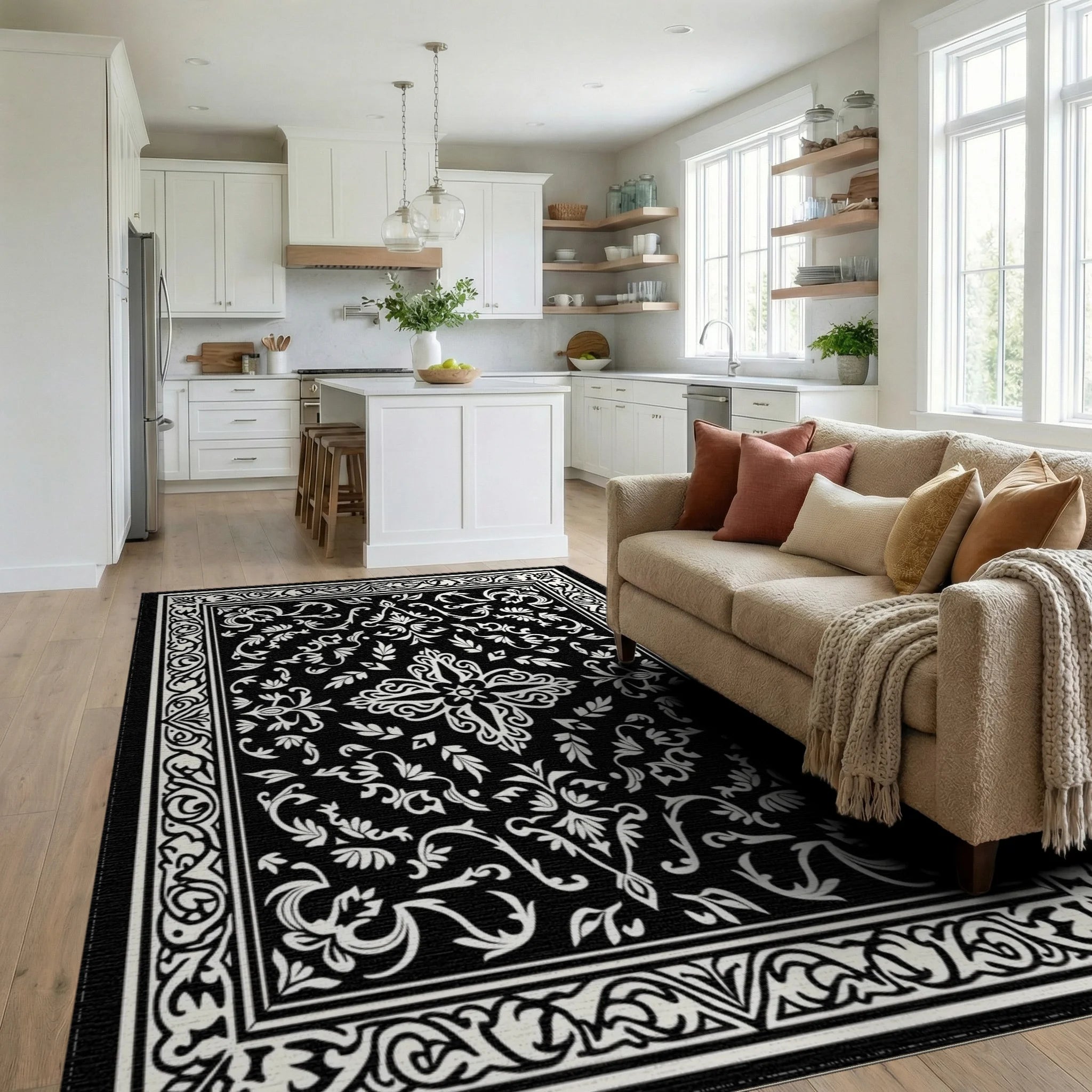Ornate Black White Floral Pattern Rug Living Room View
