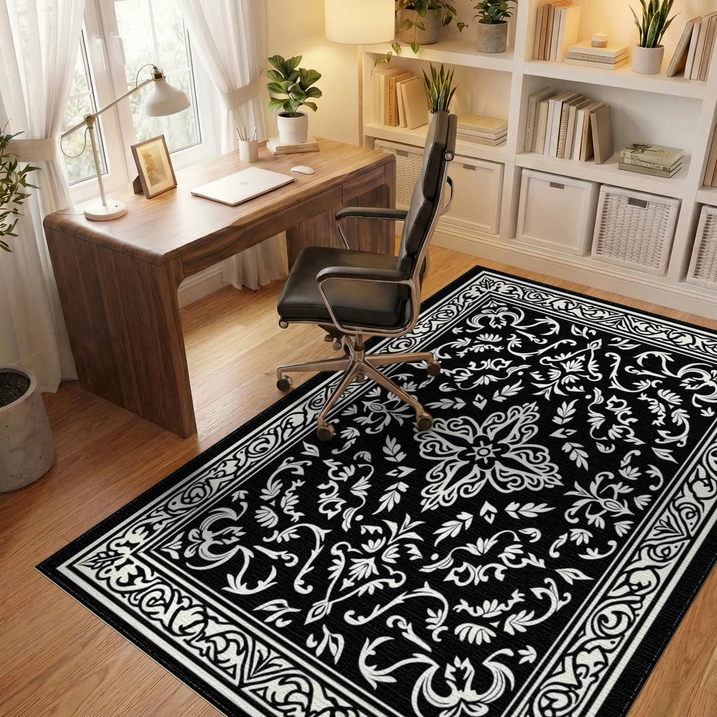 Ornate Black White Floral Pattern Rug Office View
