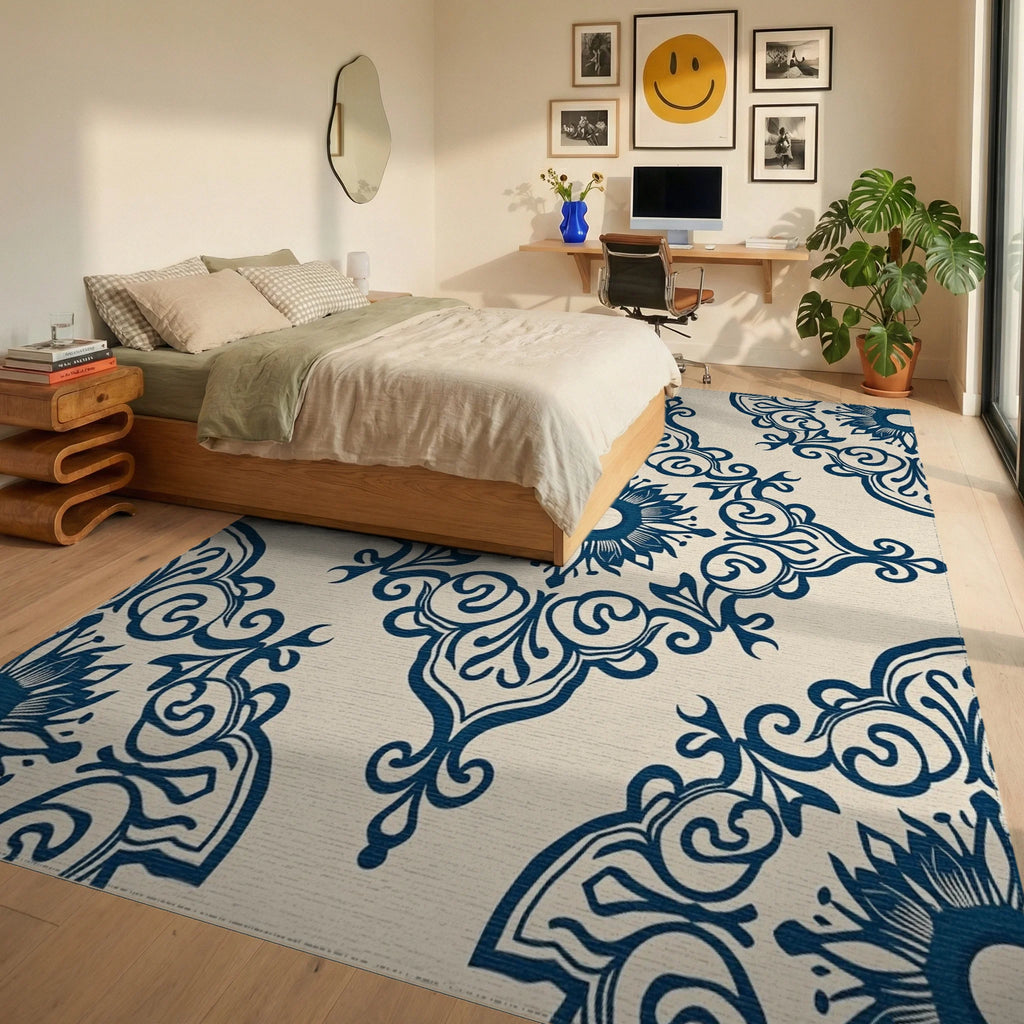 Ornate Blue Floral Damask Pattern Rug Bedroom View