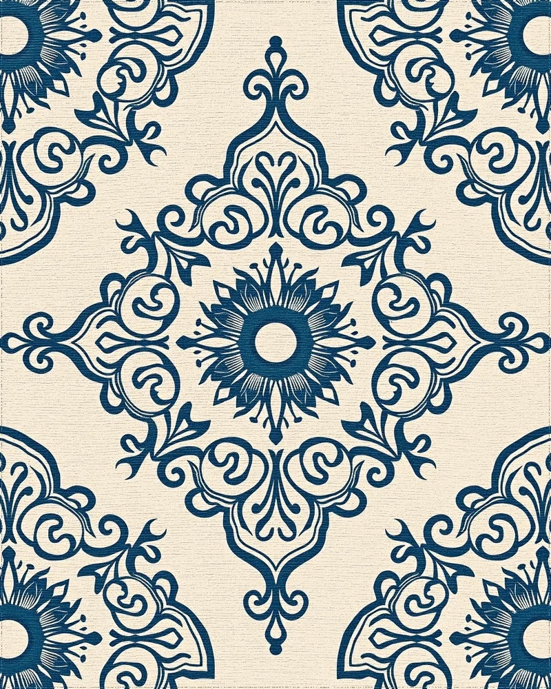 Ornate Blue Floral Damask Pattern Rug - Cutout View