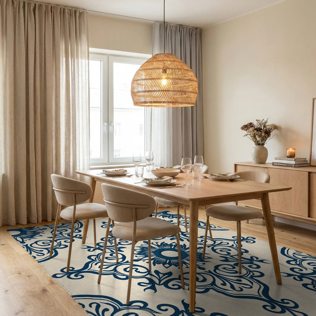 Ornate Blue Floral Damask Pattern Rug Dining Room View