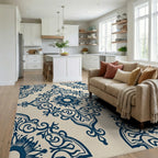 Ornate Blue Floral Damask Pattern Rug Living Room View