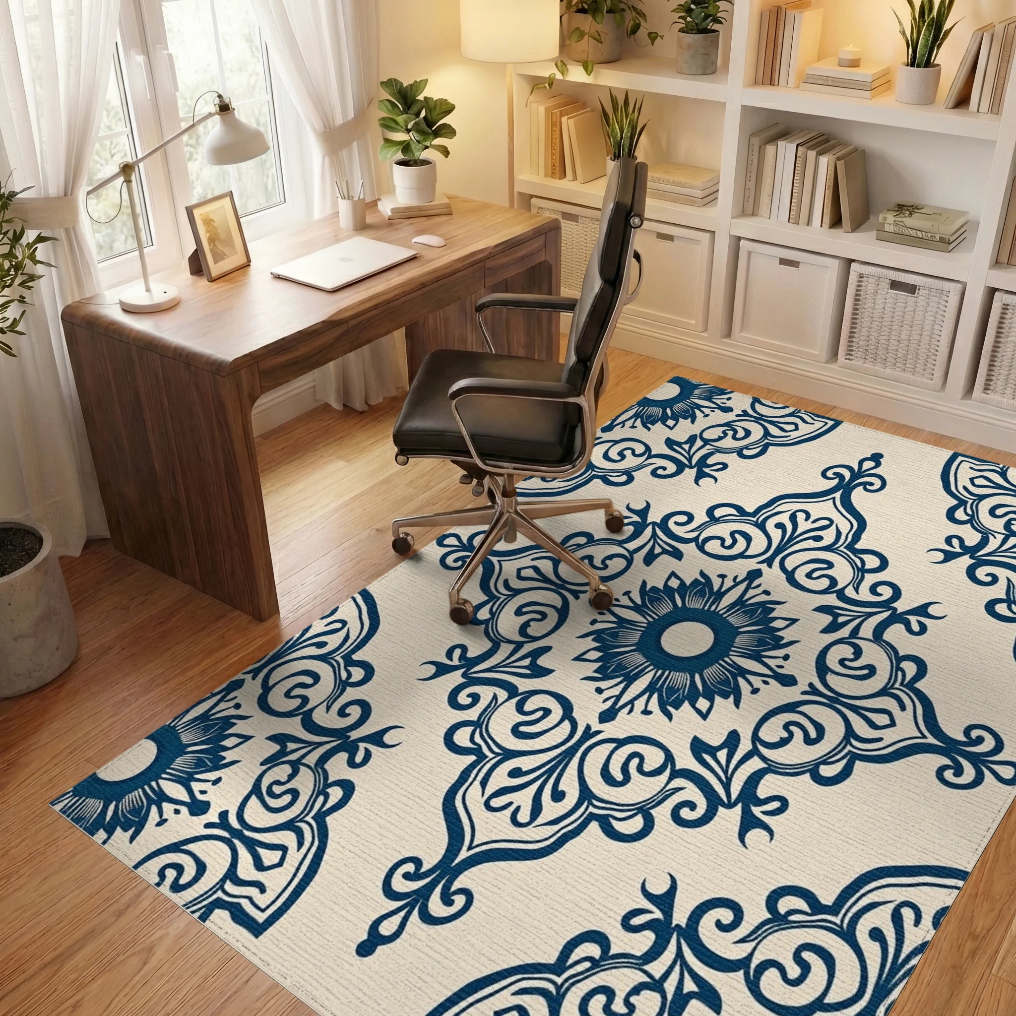 Ornate Blue Floral Damask Pattern Rug Office View