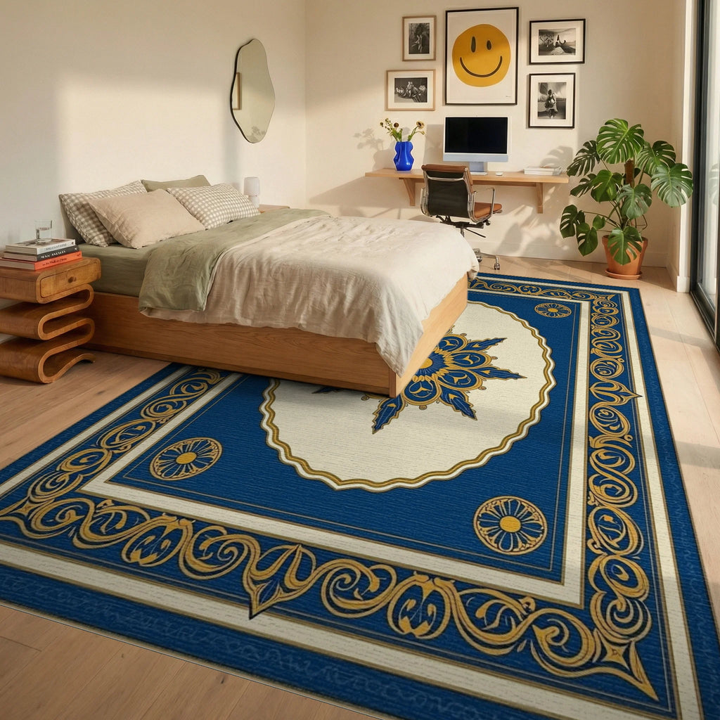 Ornate Blue Gold Floral Patterned Rug Bedroom View