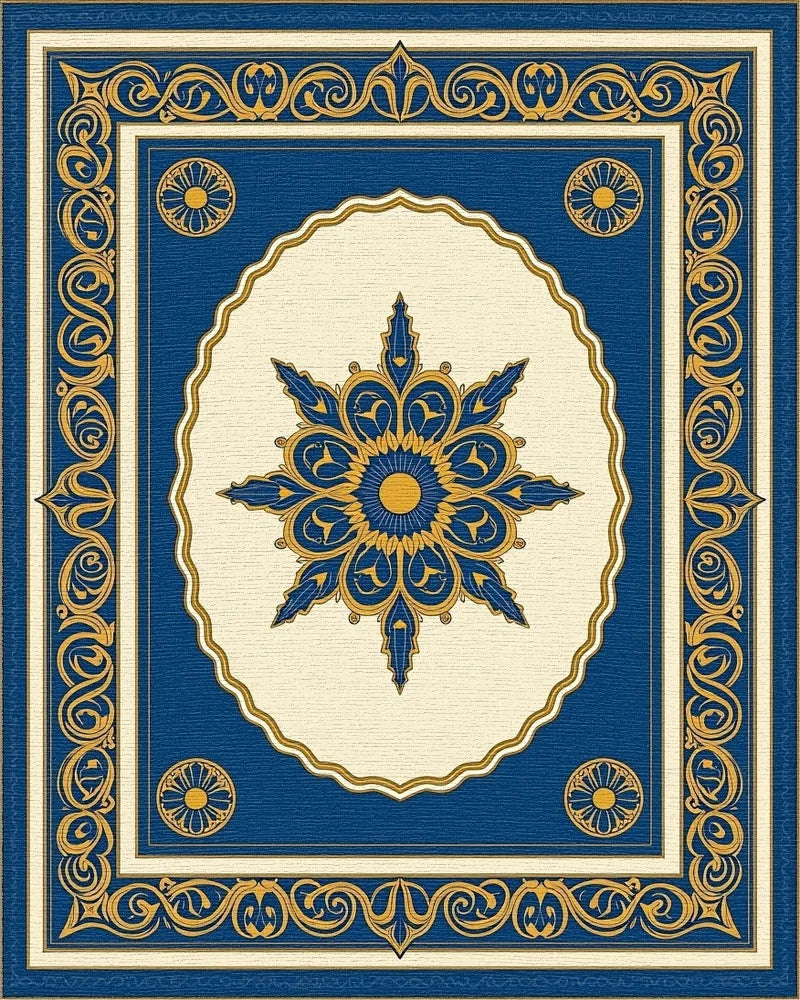 Ornate Blue Gold Floral Patterned Rug - Cutout View