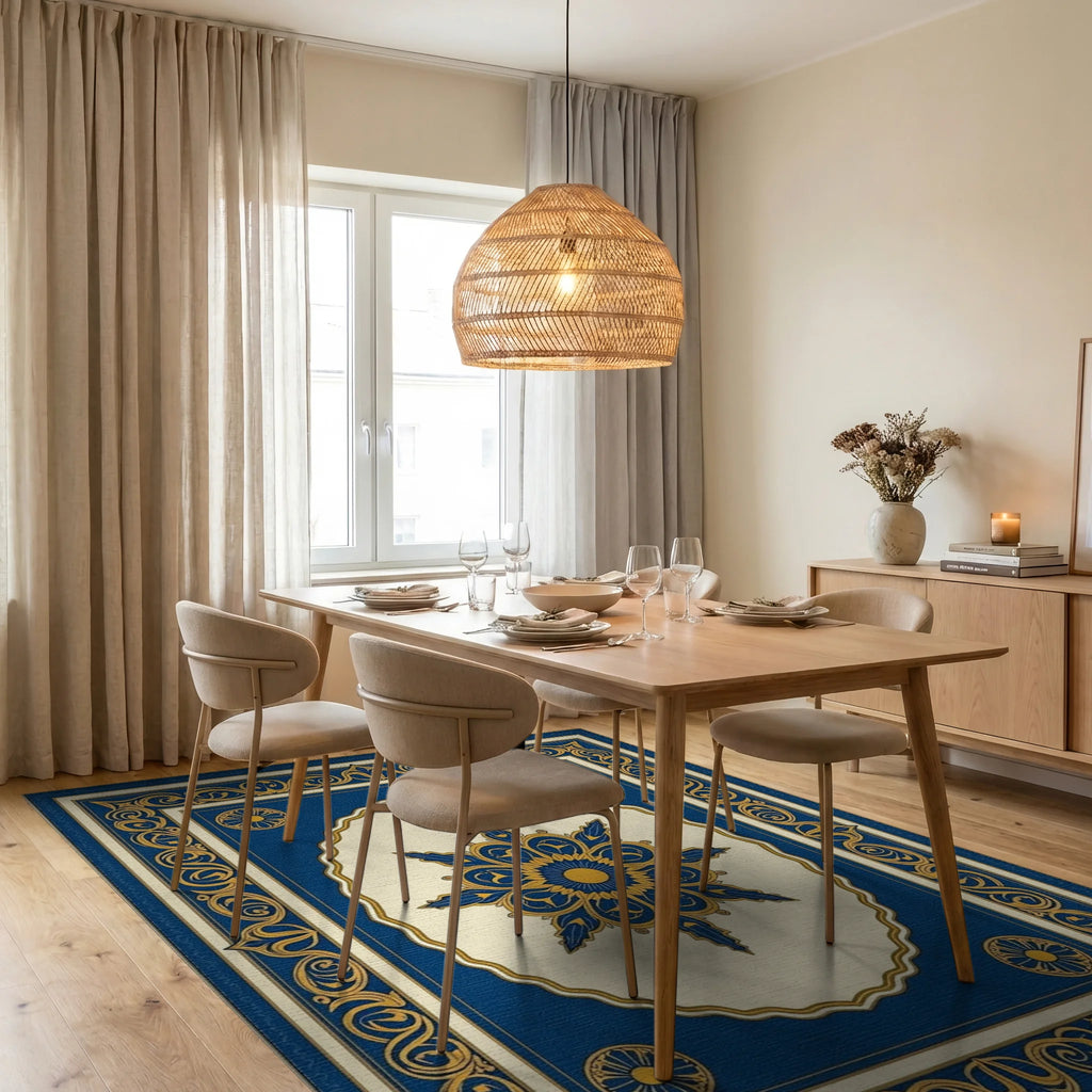 Ornate Blue Gold Floral Patterned Rug Dining Room View