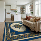 Ornate Blue Gold Floral Patterned Rug Living Room View