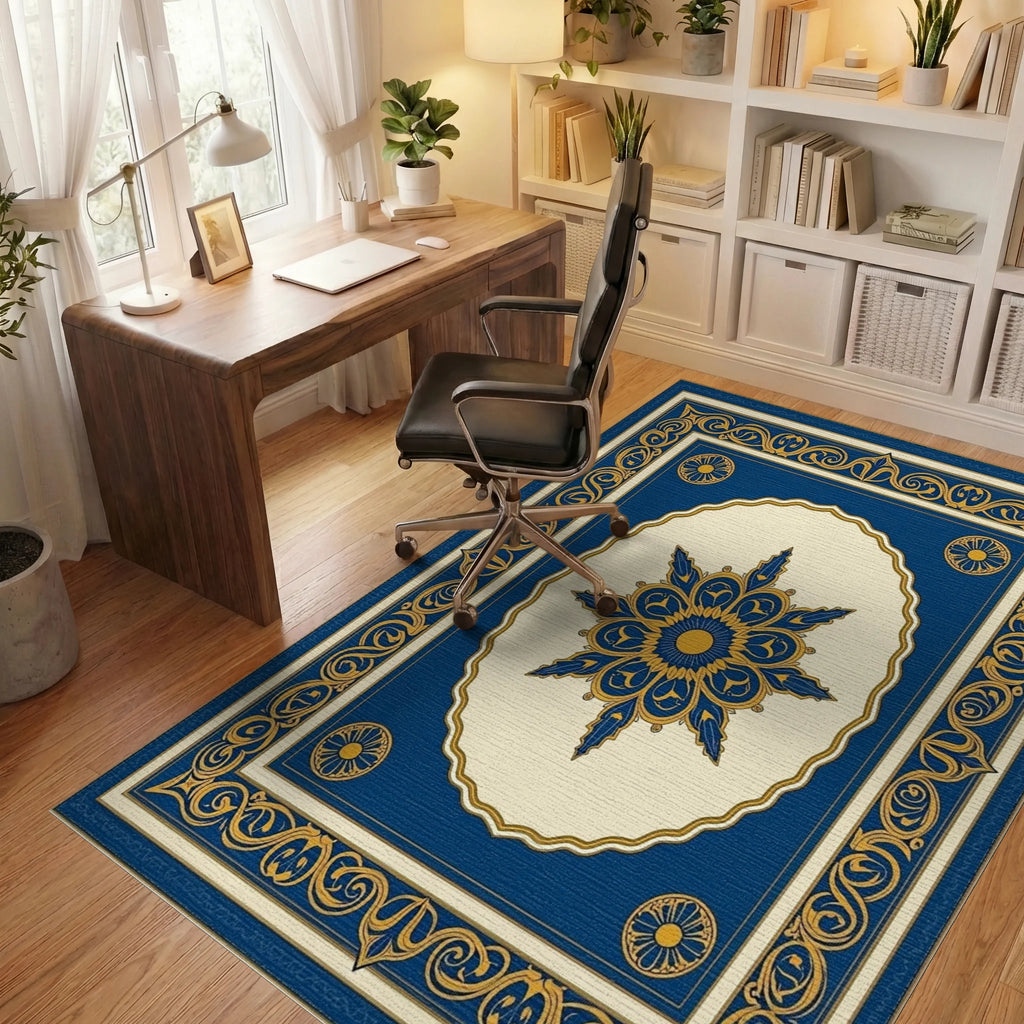 Ornate Blue Gold Floral Patterned Rug Office View
