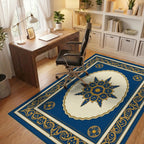 Ornate Blue Gold Floral Patterned Rug Office View