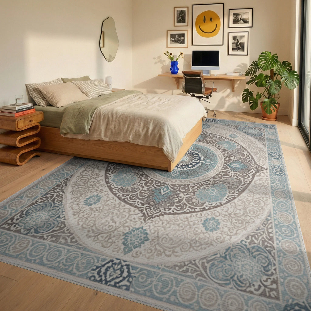 Ornate Blue Gray Mandala Medallion Rug Bedroom View