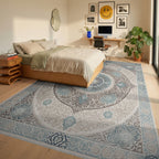 Ornate Blue Gray Mandala Medallion Rug Bedroom View