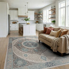 Ornate Blue Gray Mandala Medallion Rug Living Room View