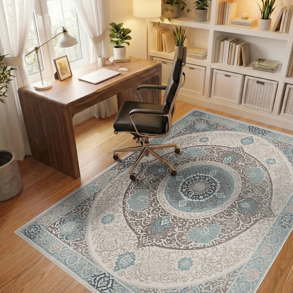 Ornate Blue Gray Mandala Medallion Rug Office View