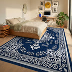 Ornate Blue White Floral Mandala Rug Bedroom View