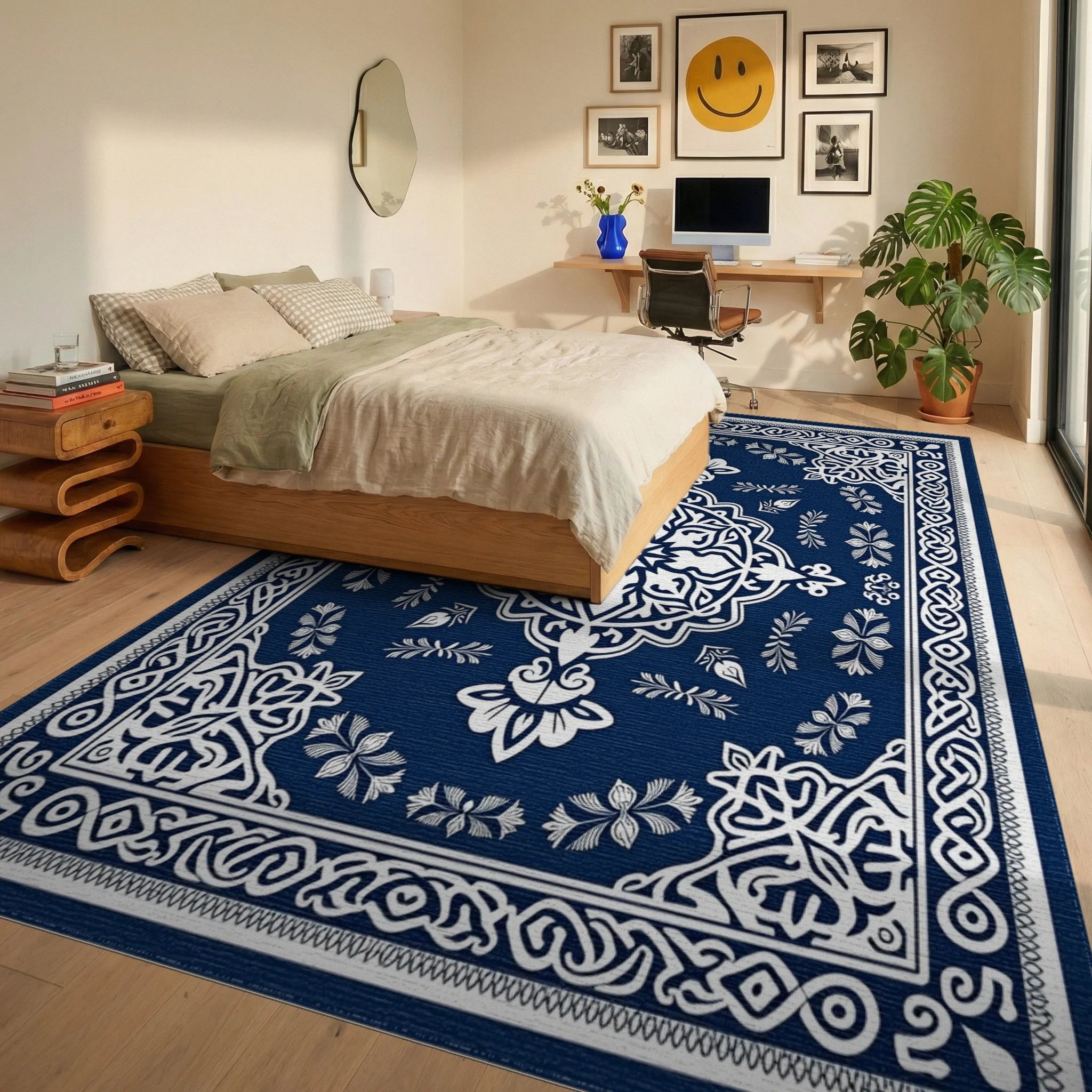 Ornate Blue White Floral Mandala Rug Bedroom View