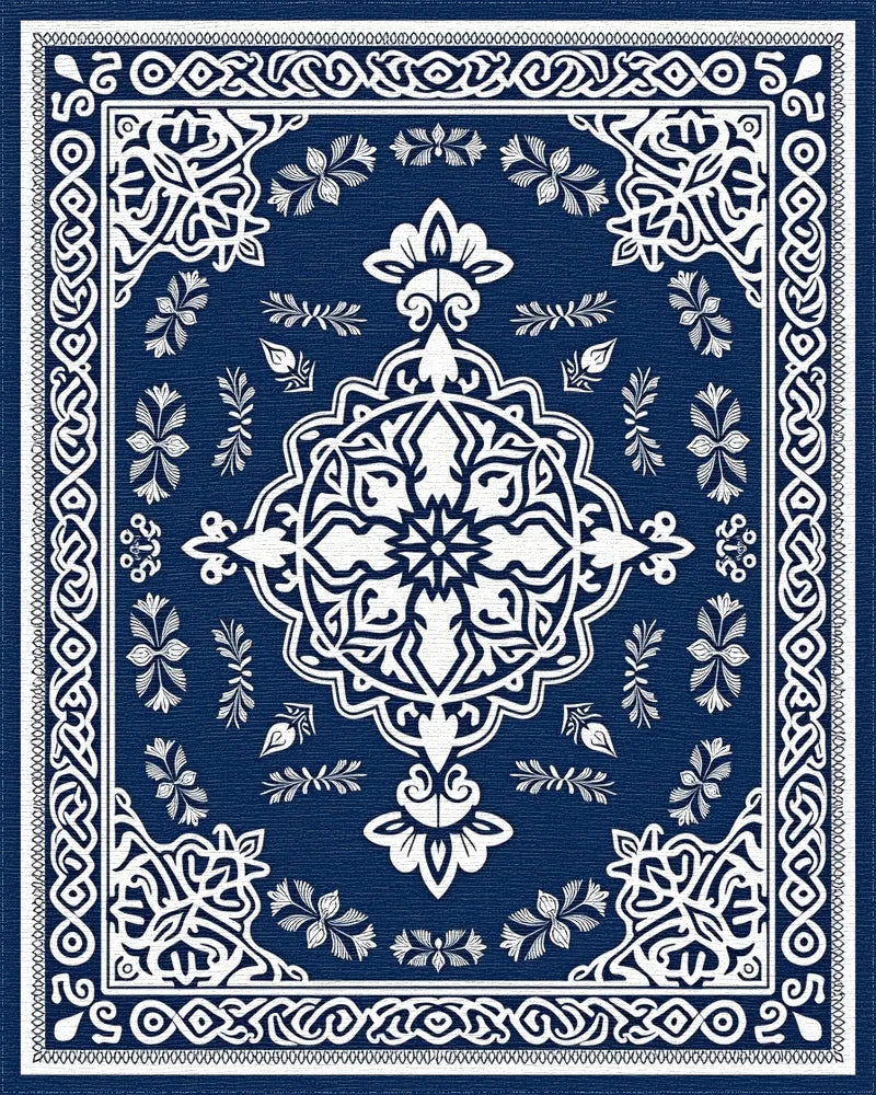 Ornate Blue White Floral Mandala Rug - Cutout View