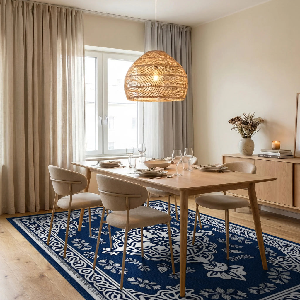 Ornate Blue White Floral Mandala Rug Dining Room View