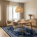 Ornate Blue White Floral Mandala Rug Dining Room View