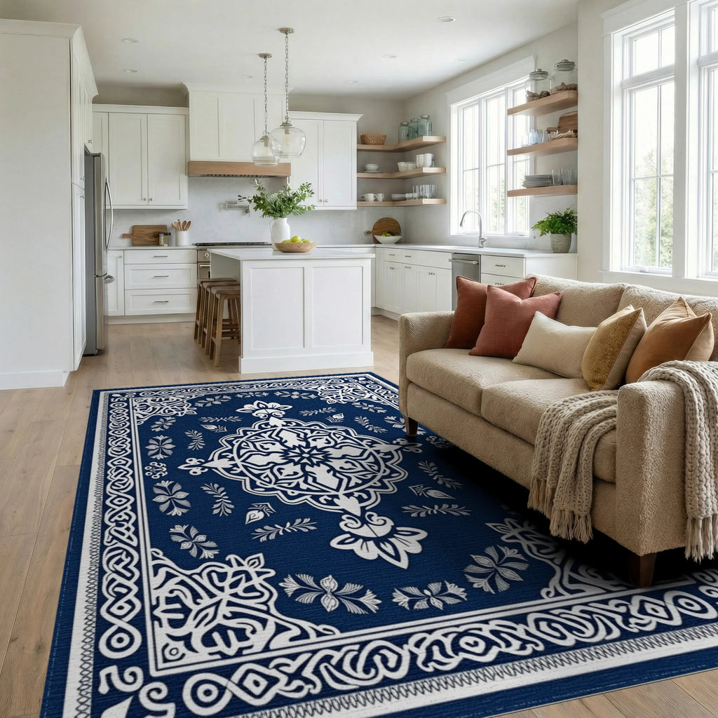 Ornate Blue White Floral Mandala Rug Living Room View