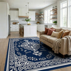 Ornate Blue White Floral Mandala Rug Living Room View