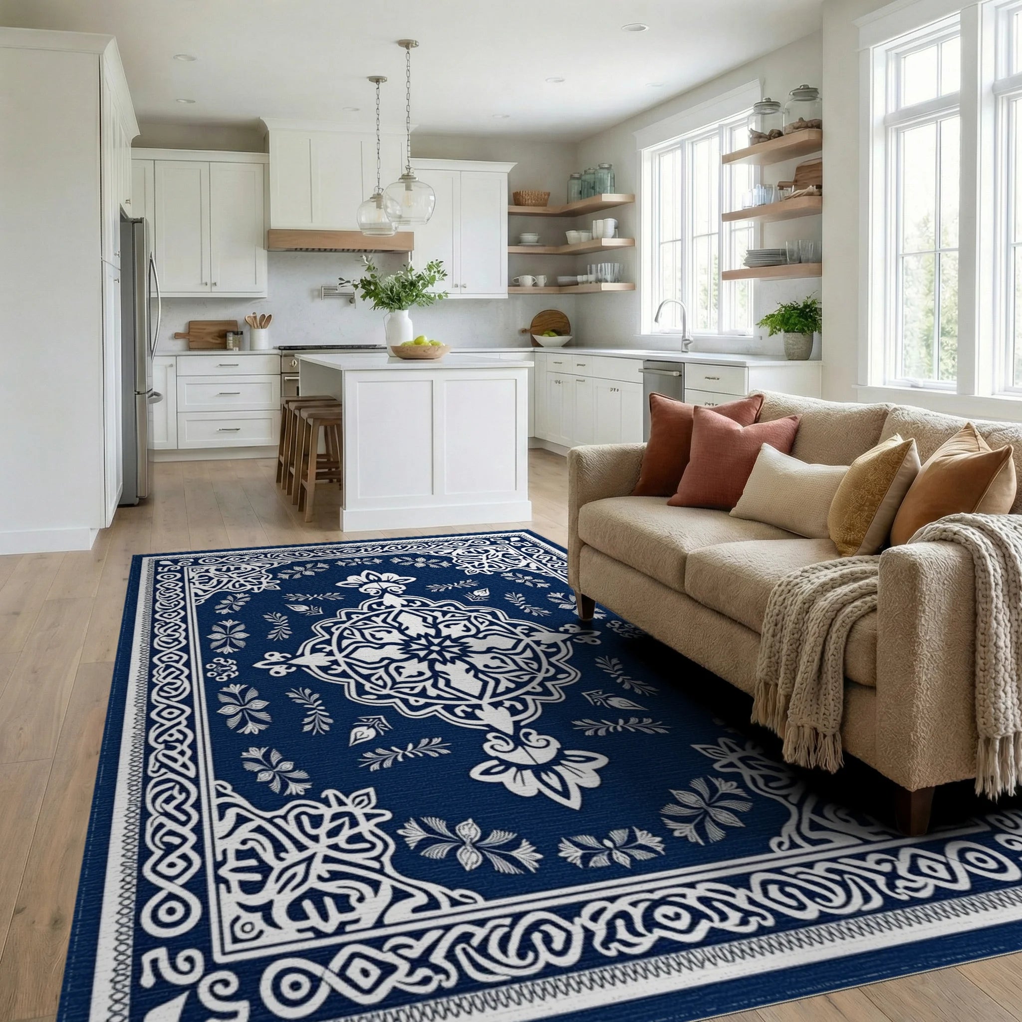 Ornate Blue White Floral Mandala Rug Living Room View