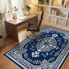 Ornate Blue White Floral Mandala Rug Office View