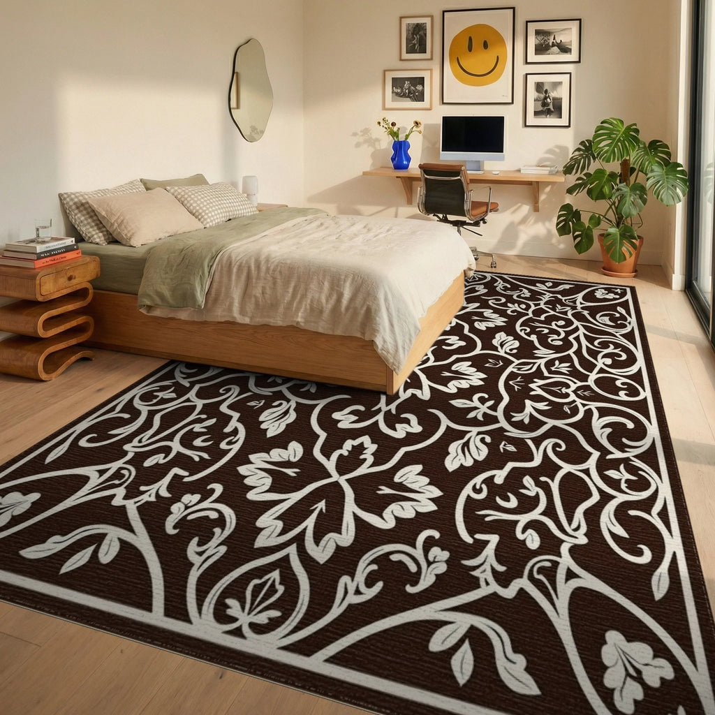Ornate Brown Cream Leafy Scrollwork Rug - Bedroom View